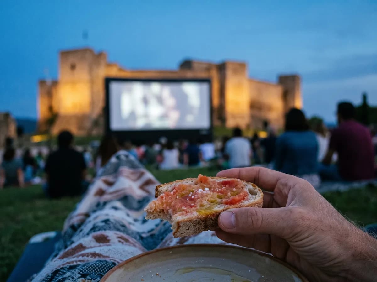 Una pantalla de cine de verano borrosa a lo lejos mientras una rebanada de pan con tomate se ve nítida en la mano