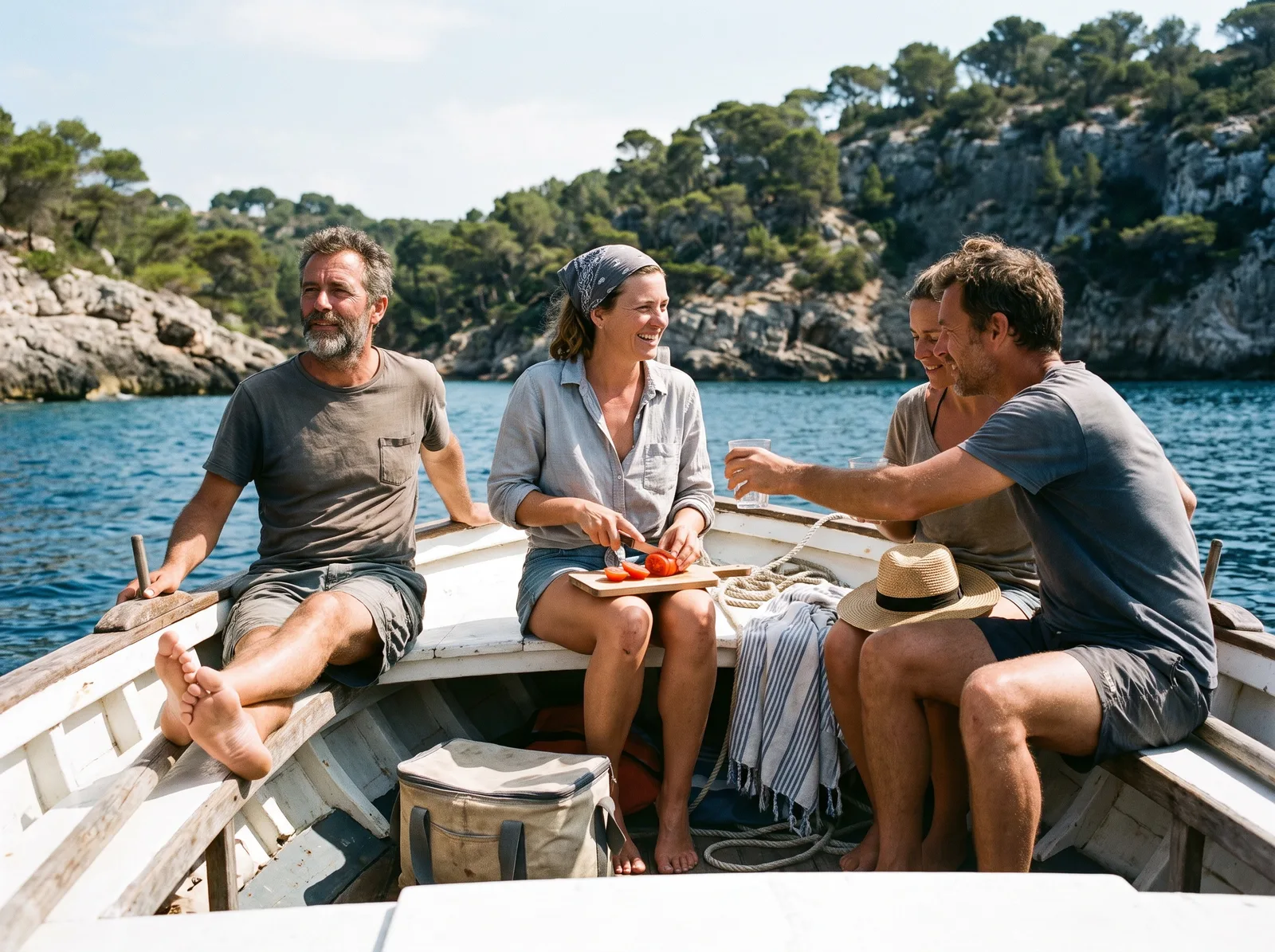 Cuatro amigos de entre cuarenta y cincuenta y tantos años en una barca de madera, en una cala con rocas y pinos
